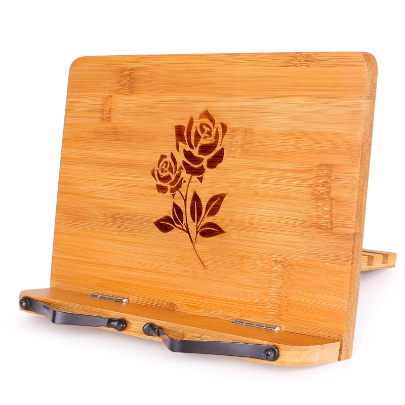 MEGREZ Bamboo Book Stand 11 x 8.0 inch, Foldable Cookbook Holder with 6 Adjustable Height, Reading Book Holder for Recipe, Music Book, Textbook, Tablet Stand, Rose - Image 1